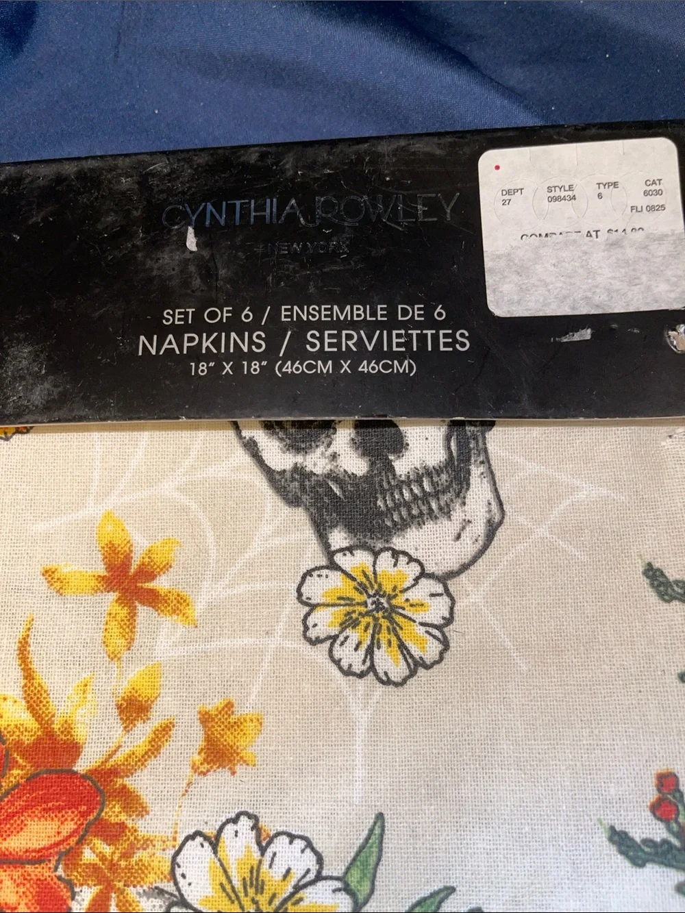 Cynthia Rowley Set of 6 Cream Napkins with Black Skulls and Orange Floral Print